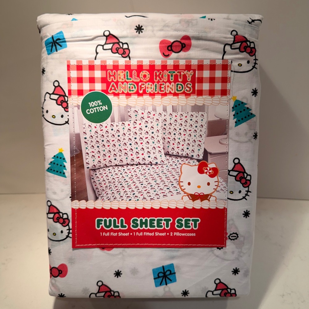 Hello Kitty Sanrio White 100% Cotton 4 Piece Full Sheet Set NEW Holiday Kids Bed